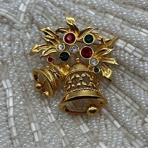 AVON Christmas Jingle Bells red, green and clear glass rhinestones brooch/pin